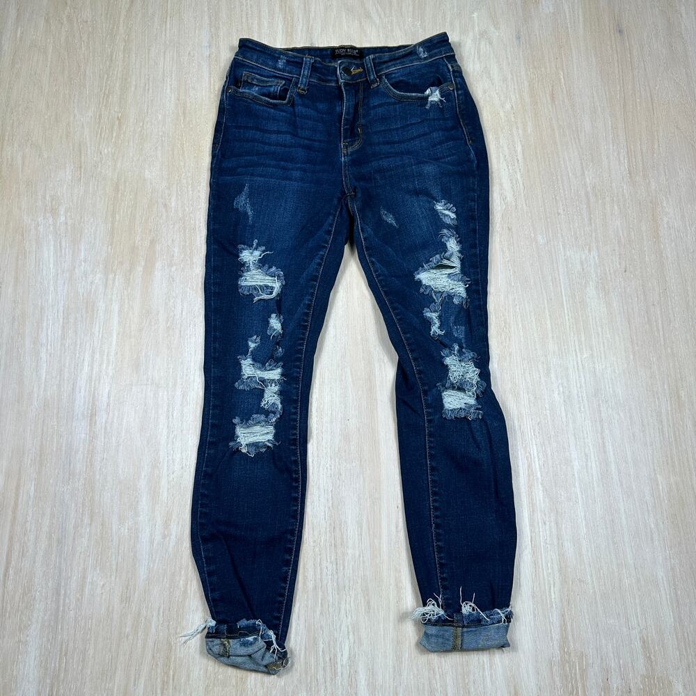 Judy Blue Skinny Fit Distressed Dark Wash Denim Casual Chic Mid Rise Jeans 27